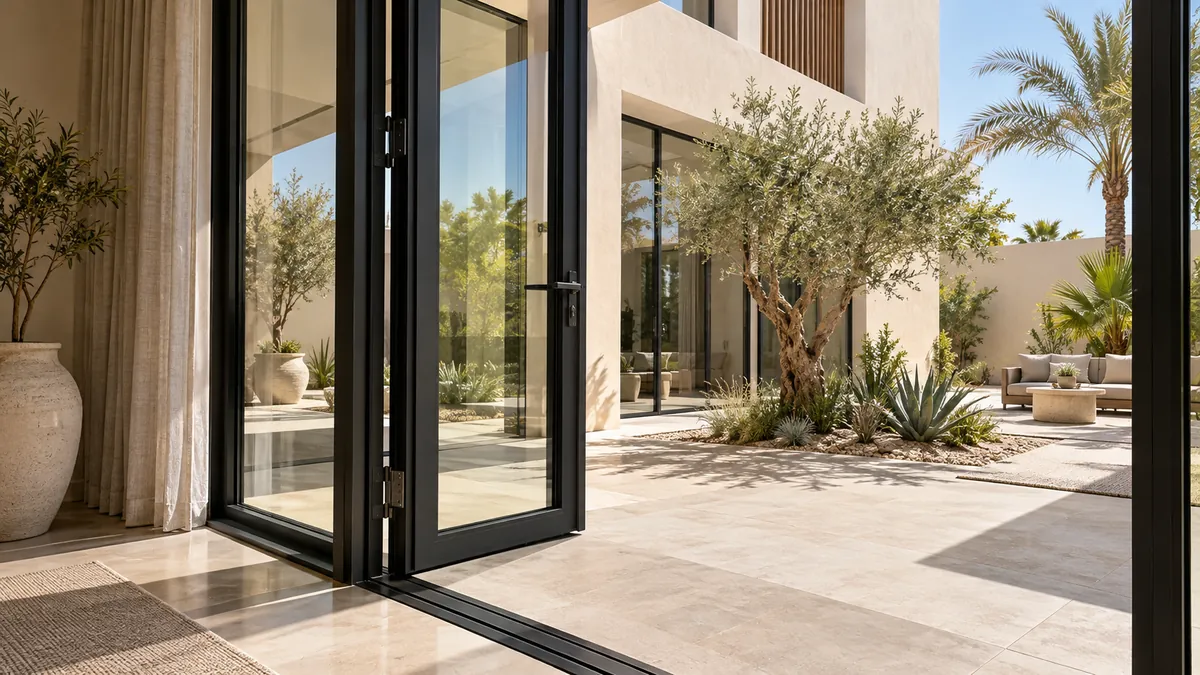Dark aluminium-framed doors opening onto a planted courtyard