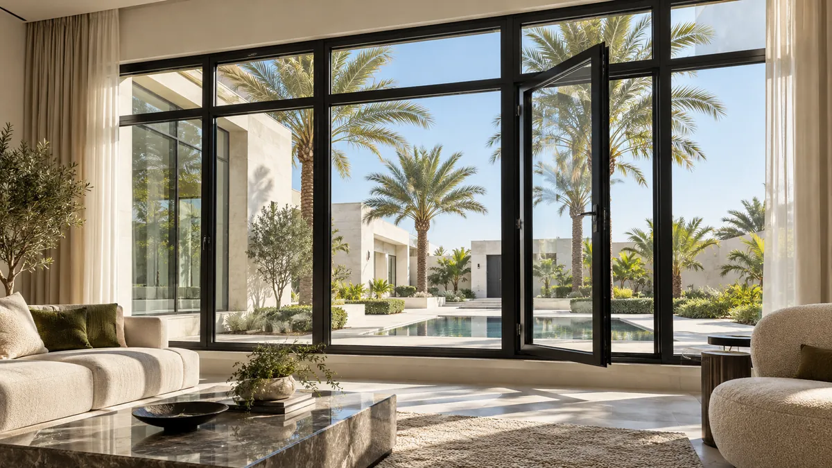 Full-height aluminium glazing to a living space