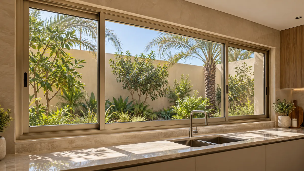 Aluminium-framed kitchen window overlooking a planted courtyard