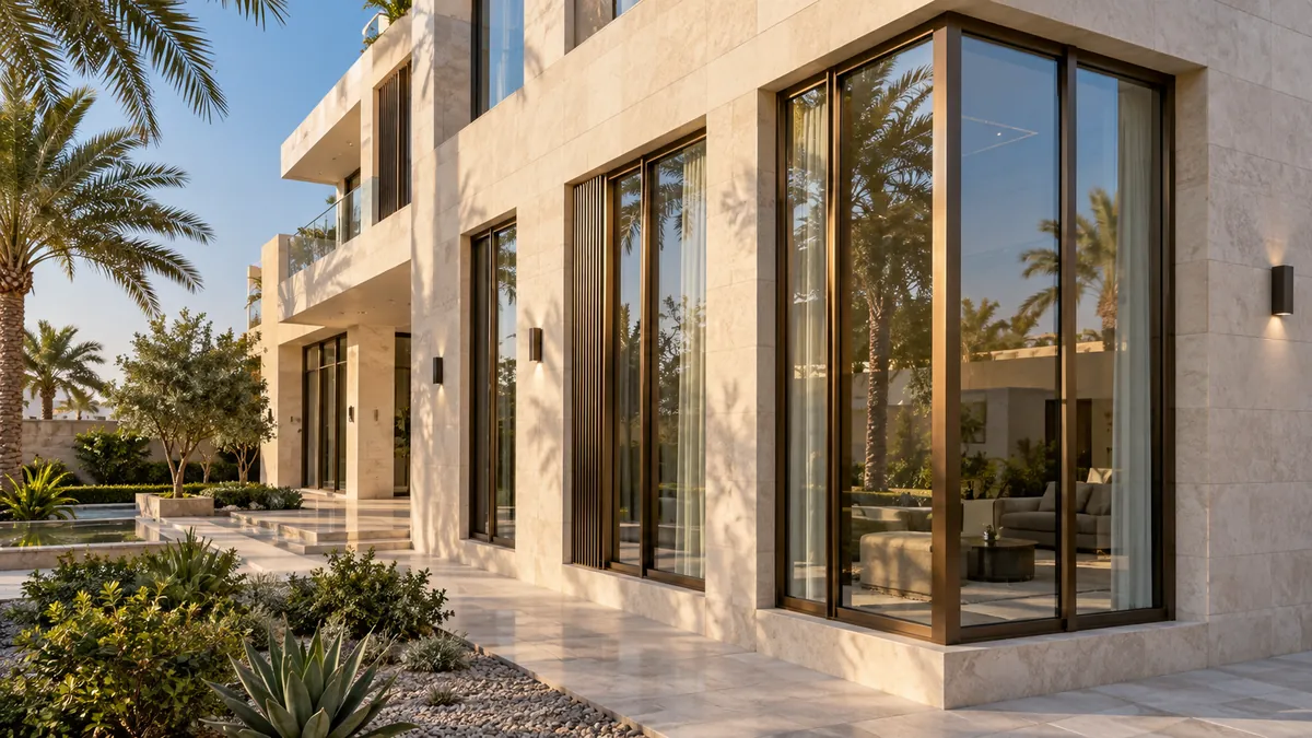 Aluminium windows across a villa elevation