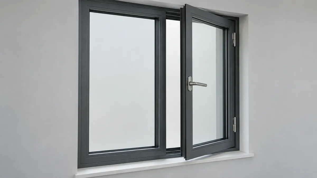 Charcoal aluminium casement window, side-hung, shown open
