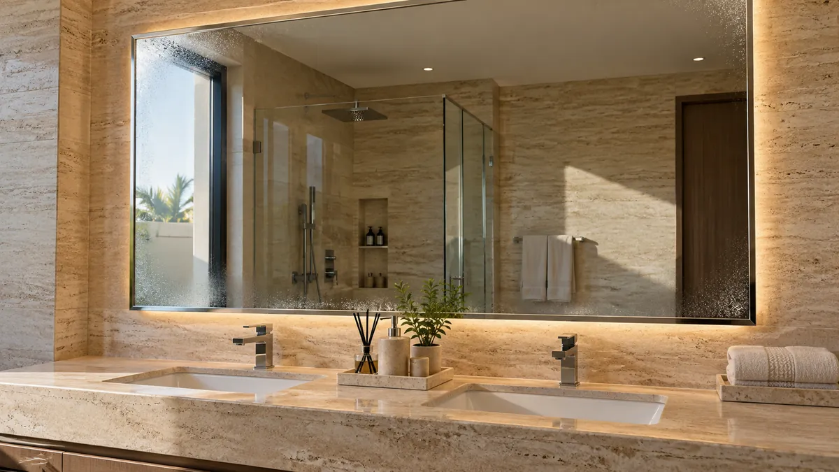 Wide bathroom mirror above twin basins with concealed lighting
