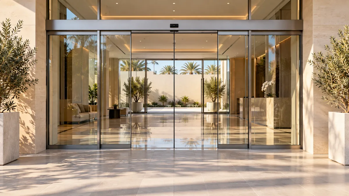 Automatic sliding glass entrance to a commercial lobby