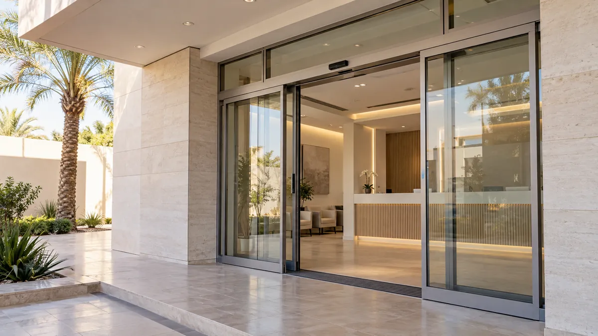 Automatic entrance doors seen from inside the lobby