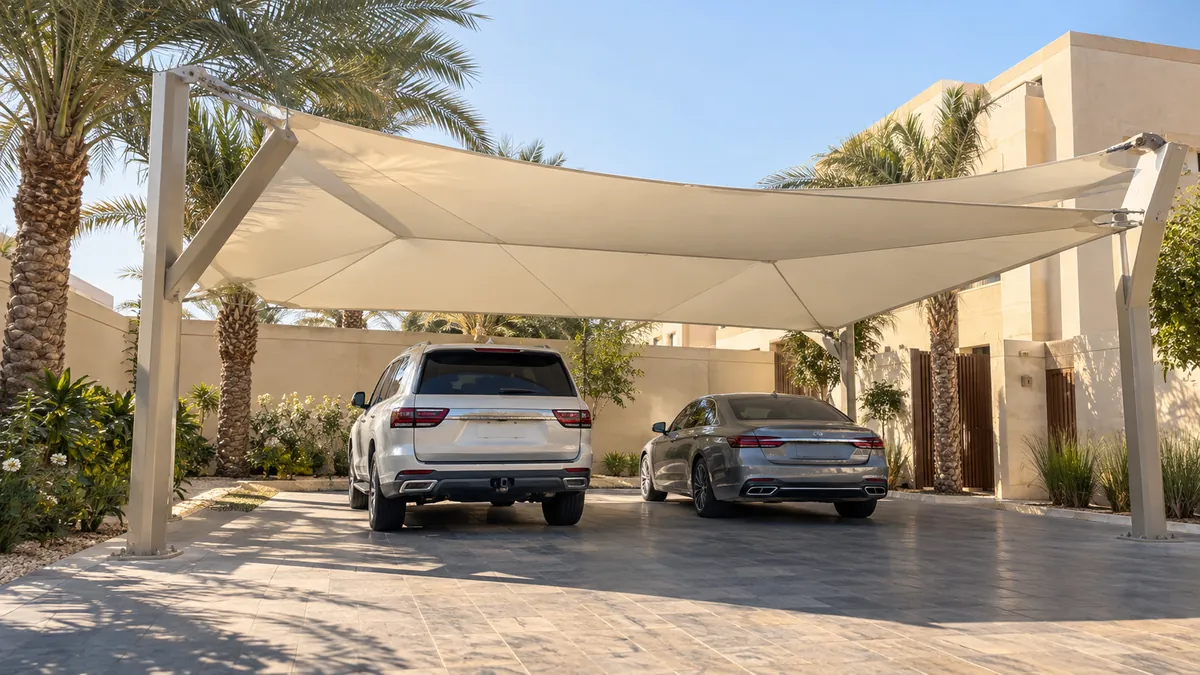 Tensile fabric car parking shade over a villa driveway