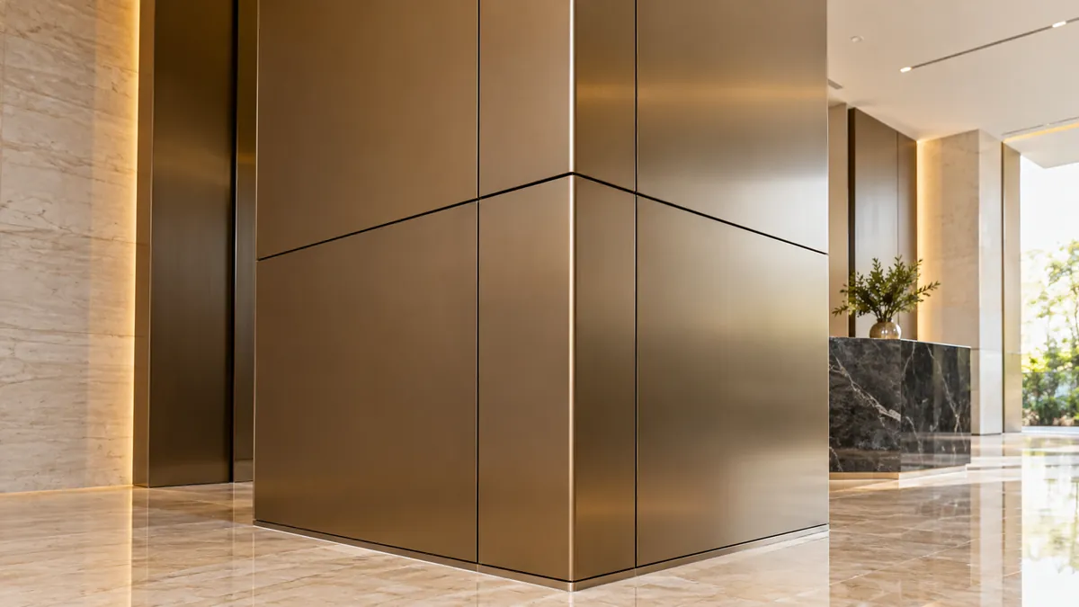 Bronze-finish composite panel cladding wrapping an interior column
