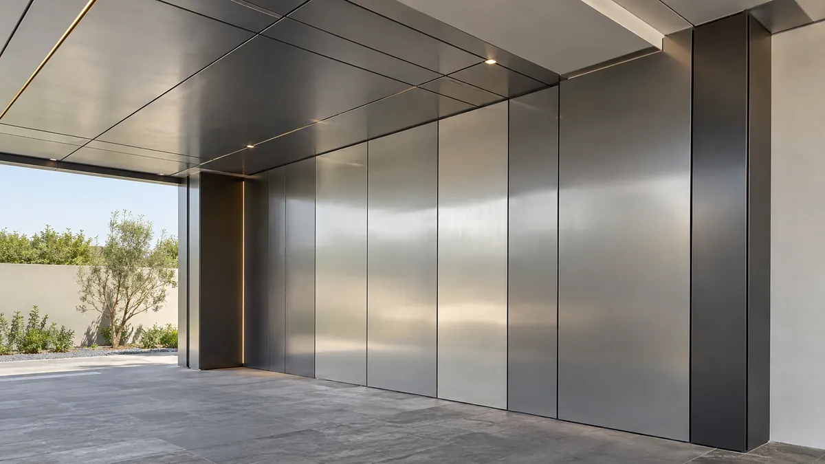 Brushed metal panel cladding to an external wall and soffit