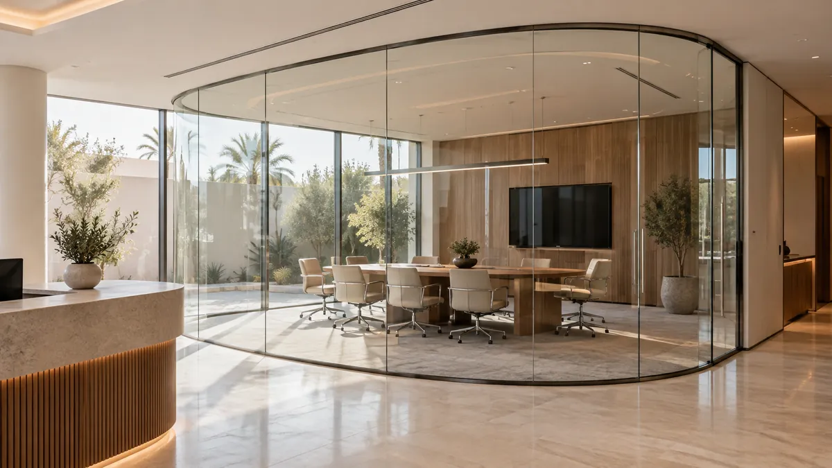 Curved glass meeting room enclosure with a radiused corner