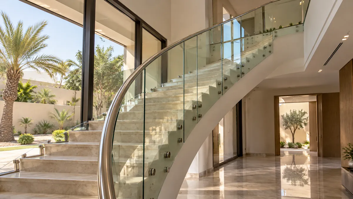 Curved glass balustrade following a staircase