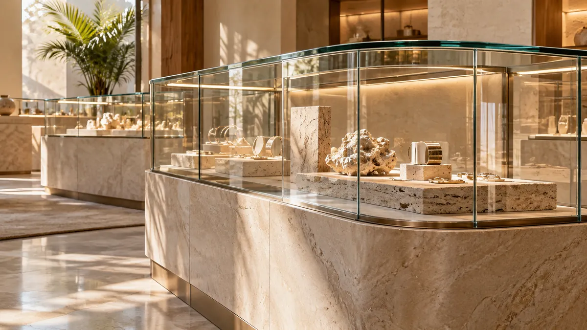 Curved glass display counter