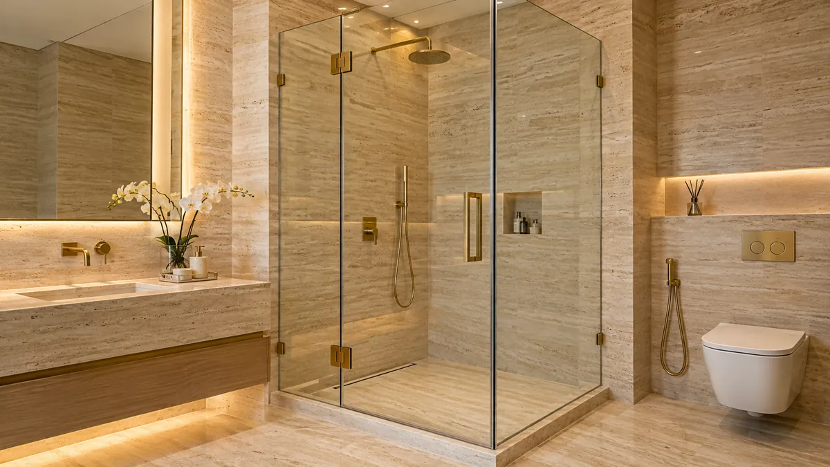 Frameless glass shower enclosure with brass hardware