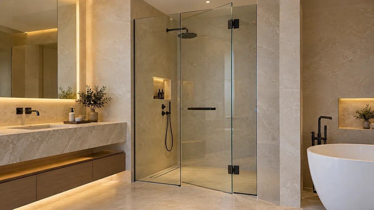 Frameless shower hinge and seal detail