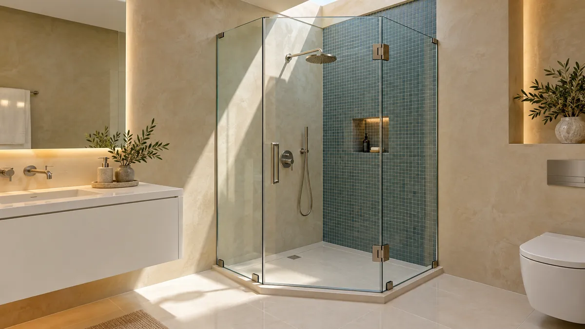 Frameless shower enclosure with brushed stainless steel hardware