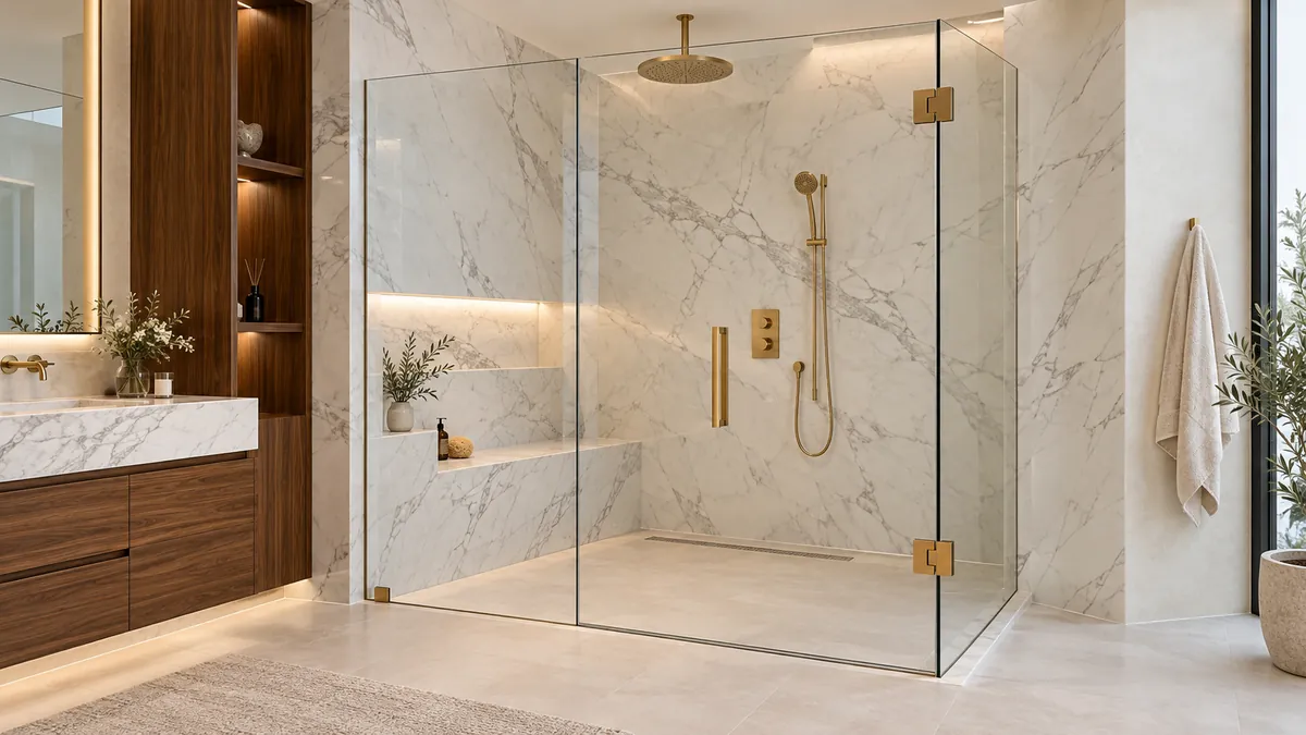 Frameless shower enclosure with brushed gold hardware