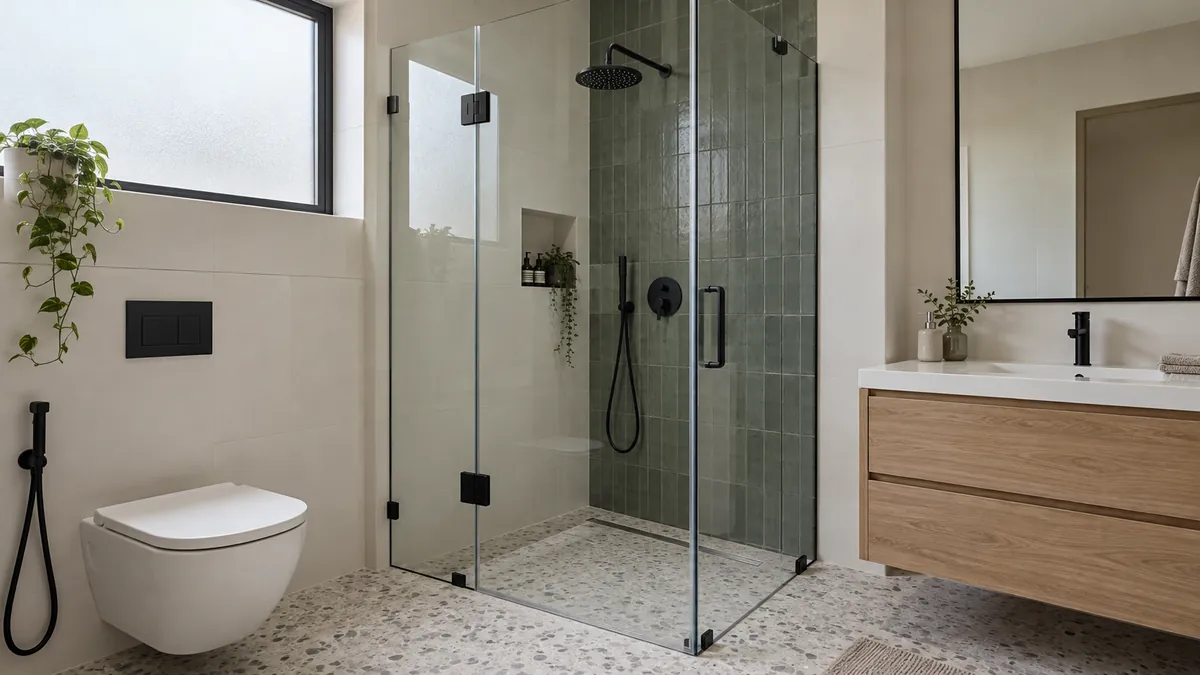 Frameless shower enclosure with matte black hardware