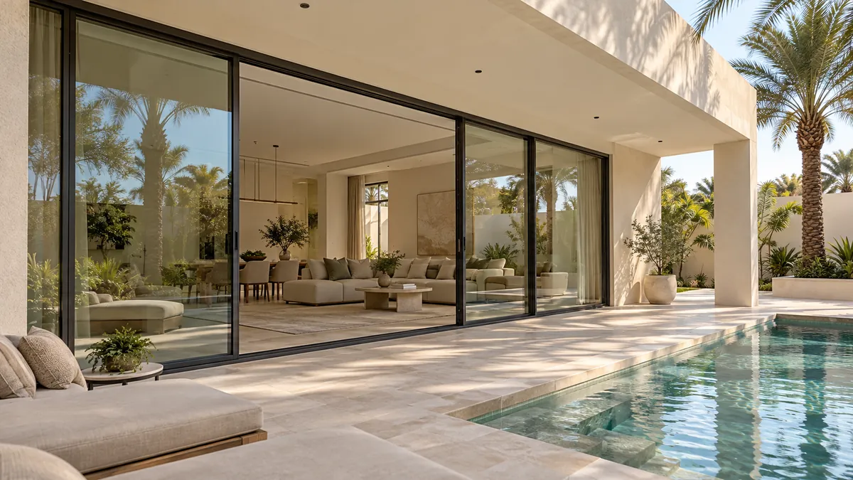 Sliding glass doors opening a living space onto a pool terrace