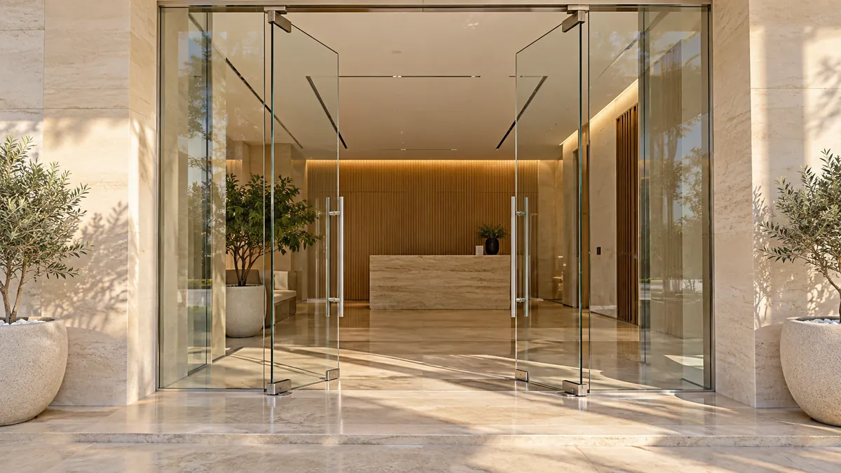 Frameless glass swing doors to an office reception