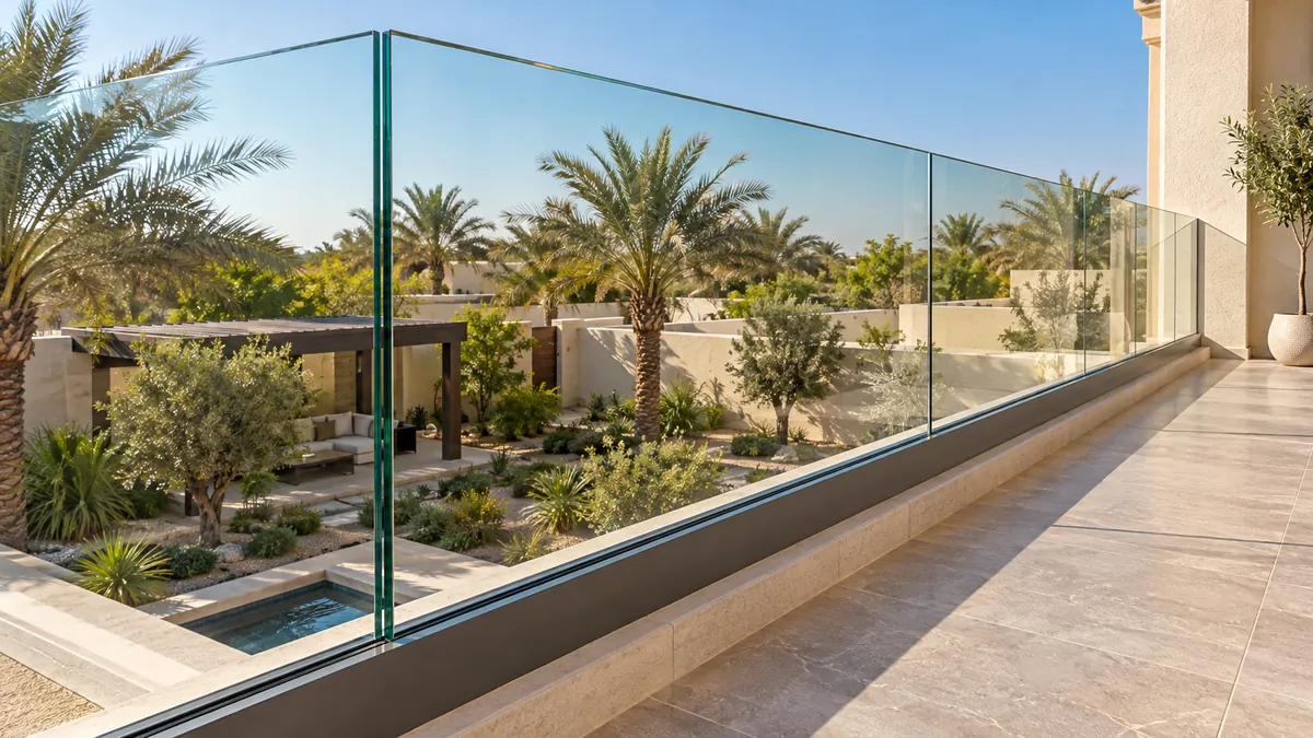 Laminated glass balustrade to a pool terrace