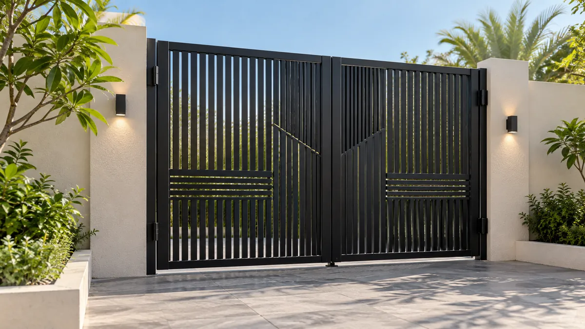 Powder-coated steel driveway gate with vertical bar infill