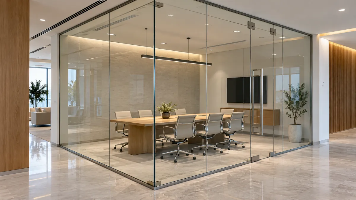 Glass-partitioned meeting room in an Ajman office, floor-to-ceiling clear glass