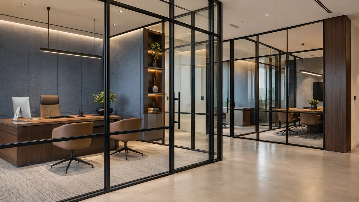 Open-plan office divided by full-height glass partitions
