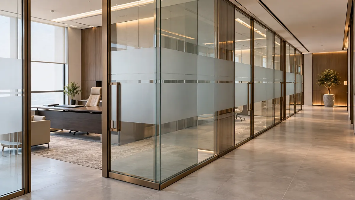 Glass partition detail at the floor channel and door junction