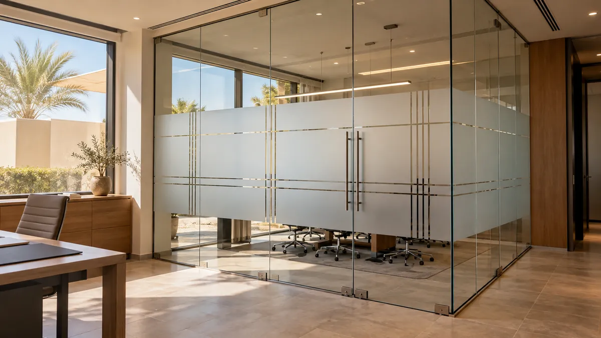 Sandblasted glass partition giving privacy to a meeting room