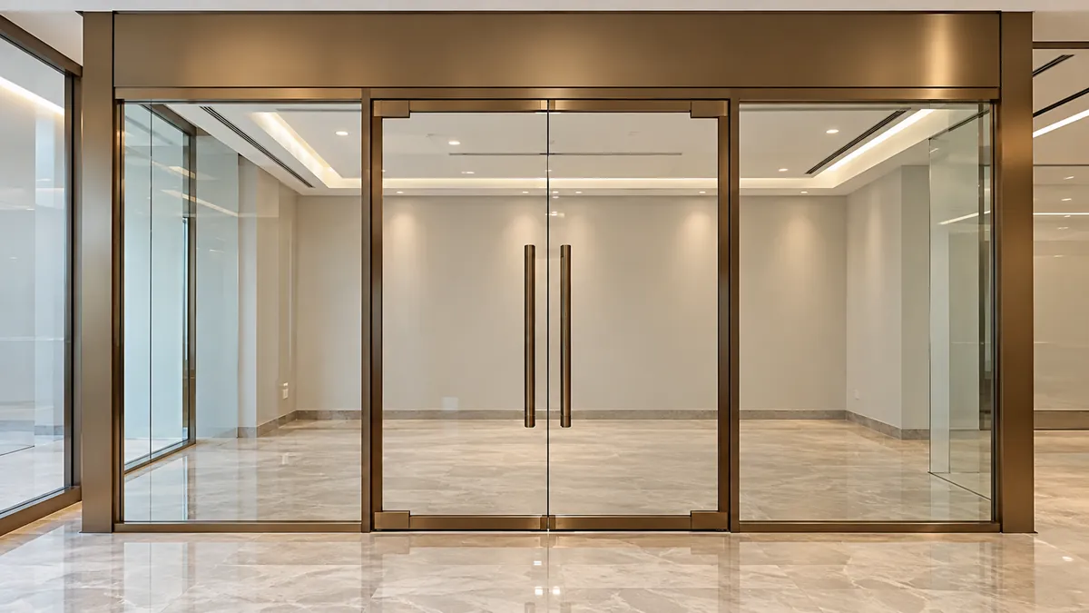 Glass and aluminium shopfront with twin entrance doors