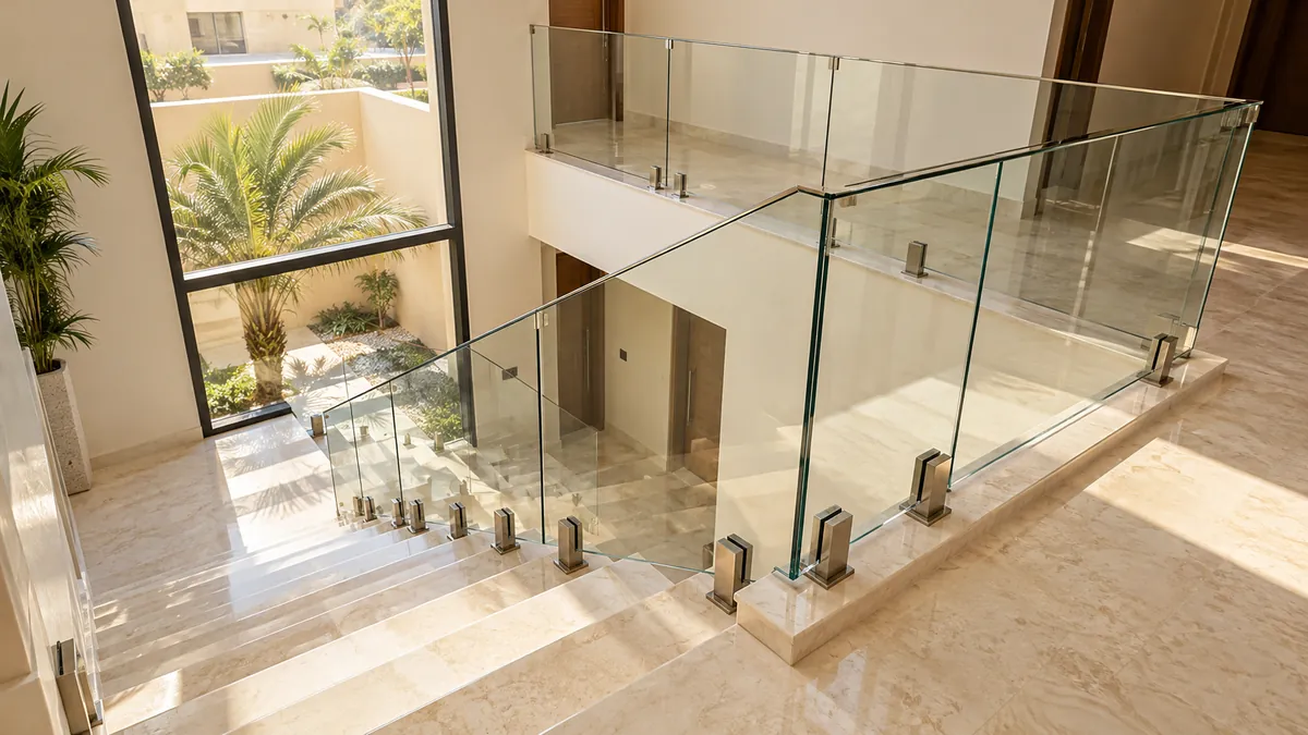 Toughened glass balustrade to an internal staircase